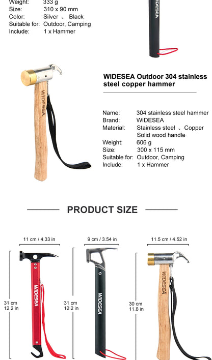 Widesea Camping Hammer Multitool Aluminium Outdoor Tent Nail Puller Stainless Steel Hiking Backpacking Supplies Portable Cone