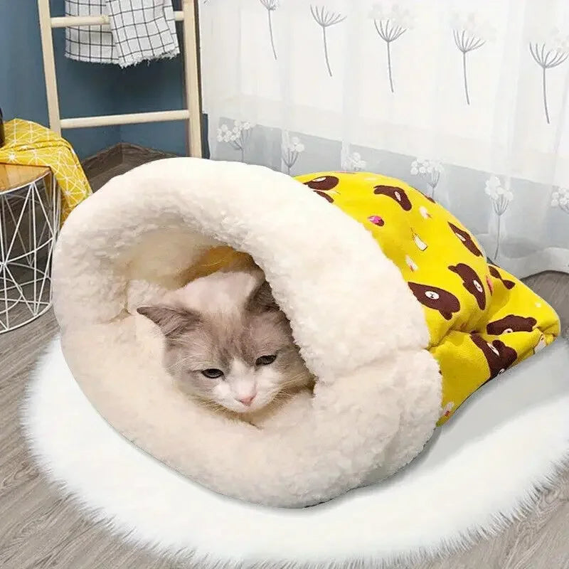 Cozy plush pet sleeping bag for cats and small dogs - warm semi-enclosed den with soft stuffing, polyester, cat tunnel
