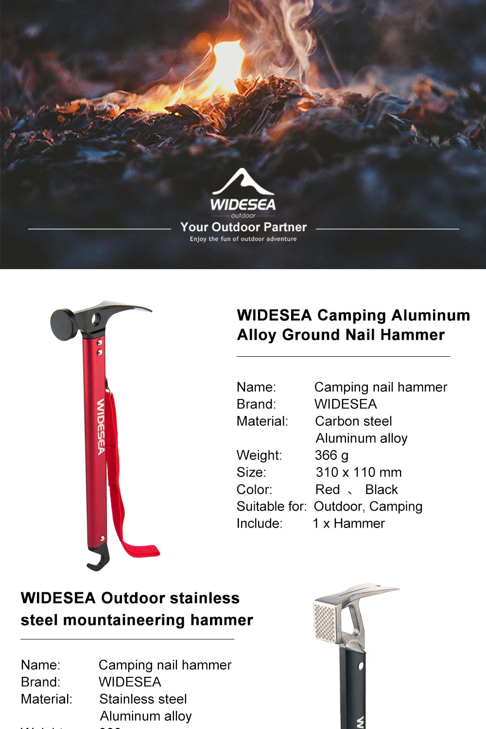 Widesea Camping Hammer Multitool Aluminium Outdoor Tent Nail Puller Stainless Steel Hiking Backpacking Supplies Portable Cone