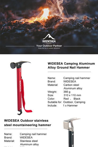 Widesea Camping Hammer Multitool Aluminium Outdoor Tent Nail Puller Stainless Steel Hiking Backpacking Supplies Portable Cone