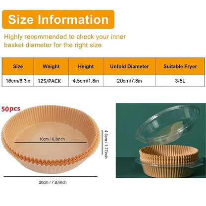 50pcs Non-Stick Disposable Air Fryer Liners  Parchment Paper for Baking Roasting Microwaving Oil Water Proof Blister Packaging