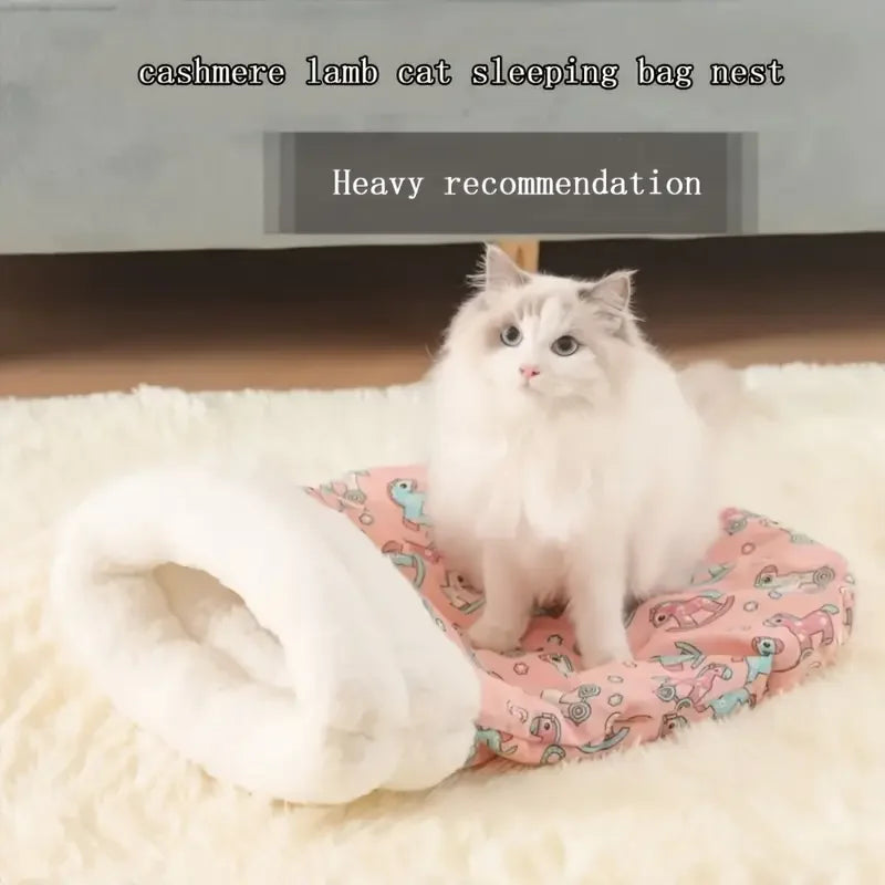 Cozy plush pet sleeping bag for cats and small dogs - warm semi-enclosed den with soft stuffing, polyester, cat tunnel