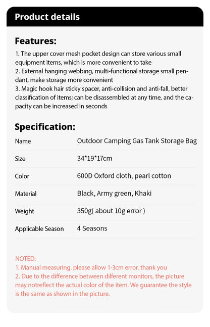 PACOONE Outdoor Camping Gas Tank Storage Bag Large Capacity Ground Nail Tool Bag Gas Canister Picnic Cookware Utensils Kit Bag