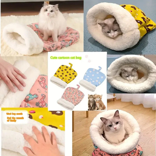 Cozy plush pet sleeping bag for cats and small dogs - warm semi-enclosed den with soft stuffing, polyester, cat tunnel